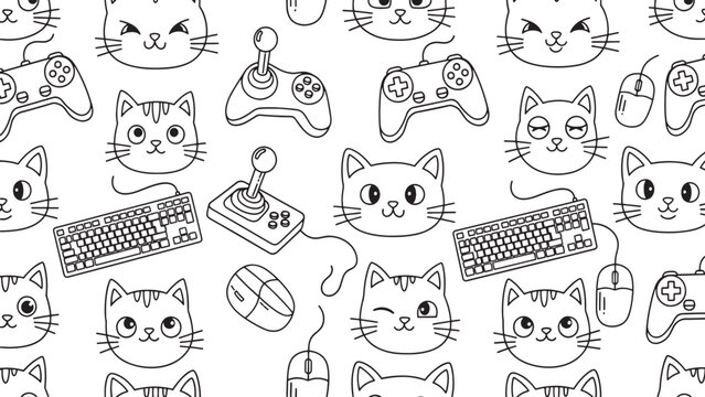 A charming black and white pattern featuring playful cartoon cat faces interspersed with various gaming accessories like joysticks, keyboards, and mice, crea...