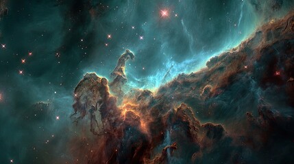 Obraz premium Cosmic Nebulae A Detailed View of Celestial Clouds in Teal, Orange, and Brown Hues.Vast Starfield Background.Stunning Astronomy Photography Showing