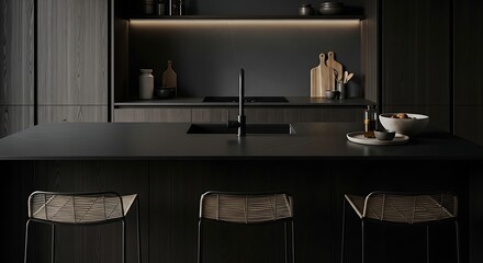 Dramatic Low-Light View of a Luxurious Black Kitchen Island with Warm Ambient Glow.
