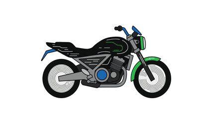 A side view illustration of a modern black, green, and blue street motorcycle on a white background.