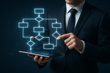 Businessman interacting with digital flowchart diagram representing process management and decision making