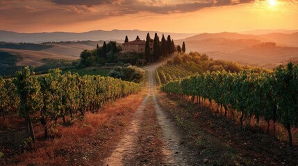 Naklejka premium Countryside Vineyard Sunset Farmhouse on Rolling Hills