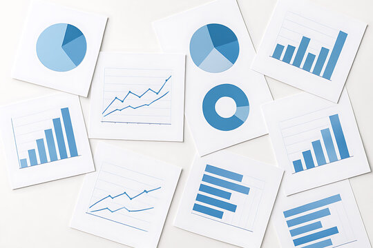 Multiple printed business charts and graphs including bar, pie, and line charts spread on white surface for analysis