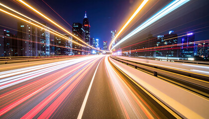 Fototapeta premium Long exposure night cityscape of highway with light trails from moving vehicles, illuminated skyscrapers, and vibrant city lights creating dynamic urban scene