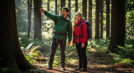 Fototapeta premium A man and a woman in outdoor gear standing in a forest, the man pointing. Search team concept for adventure and survival.