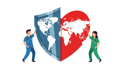 Two medical professionals protect the world, represented by a shield and a heart, symbolizing global health and care.