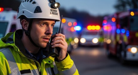 Caucasian man in high visibility jacket using a walkie talkie at night. Search and rescue team operation. Emergency response and public safety.