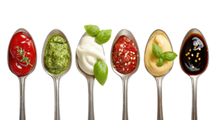 Ketchup, mustard, mayonnaise, basil pesto, sweet chili sauce and teriyaki soy sauce in a spoon isolated on a white background, top view. Various seasonings and dip border horizontal banner