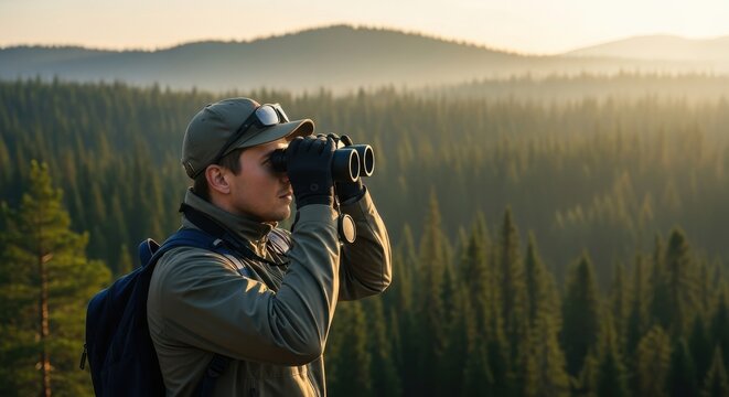 Man searching with binoculars in a vast forest landscape. Outdoor adventure and exploration concept for nature, travel.