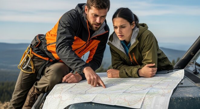 Man and woman planning expedition route with map on vehicle hood. Search team navigating wilderness for adventure travel.