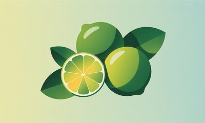 A stylized illustration of three whole limes and a lime wedge, surrounded by vibrant green leaves, set against a soft, pastel background.  The limes are depicted in a smooth, gradient-shaded style