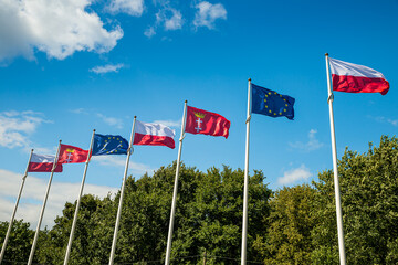 Gdansk, Poland - August 18, 2021. Flags of EU, City of Gdansk and Poland