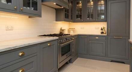 Elegant Grey Kitchen with Modern Stainless Steel Appliances and Warm Ambient Lighting.