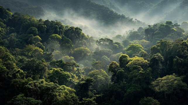 A dense tropical rainforest, mist rising above the canopy, sunlight breaking through lush green trees, showing both thriving nature and areas under deforestation. - Powered by Adobe
