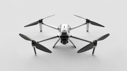High Definition Image Of A White And Black Quadcopter Drone With Rotors On A White Background, Ready For Flight, Technological Innovation