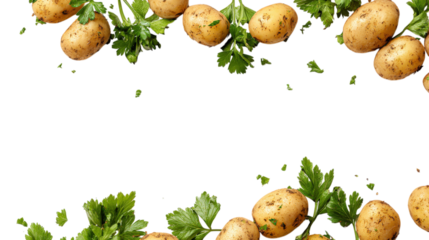 Potatoes and parsley are isolated over a white background with copy space for your text. Top view. Flat lay pattern. Potatoes in the air isolated on a white background