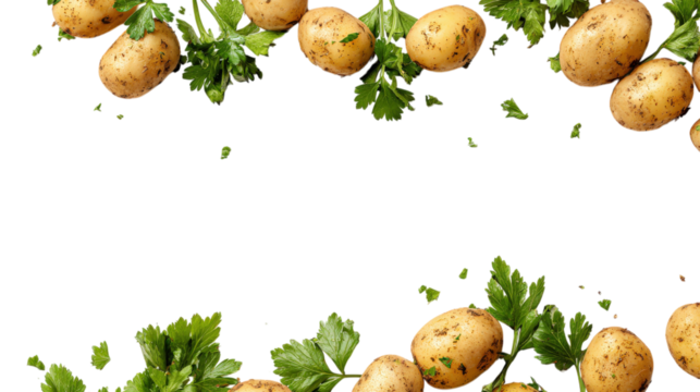 Potatoes and parsley are isolated over a white background with copy space for your text. Top view. Flat lay pattern. Potatoes in the air isolated on a white background