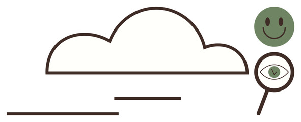 Minimal illustration of a cloud, magnifying glass with an eye, and a happy face. Ideal for data analysis, technology, innovation, positivity, transparency, vision and cloud storage as a simple flat