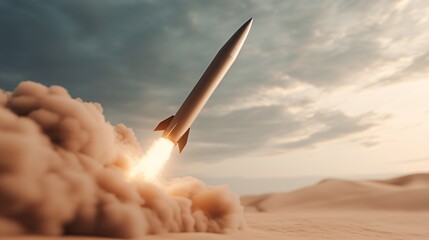 Anti-drone air defense missile launcher, desert battlefield with dust clouds, high resolution military scene