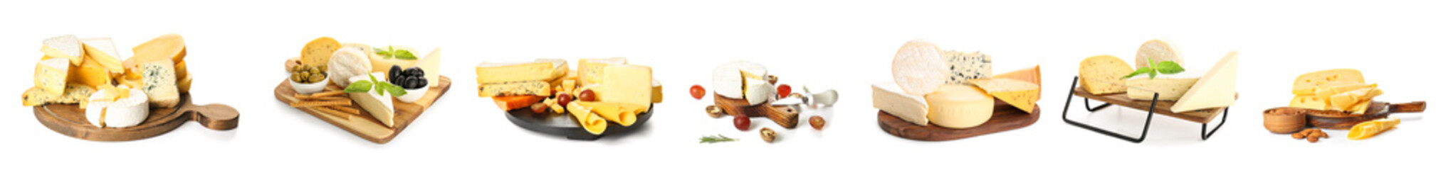 Set of many different cheeses on white background