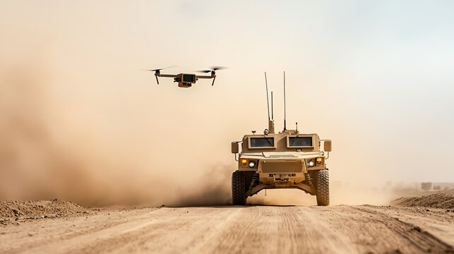 Anti-drone signal jammer device mounted on military vehicle, dusty battlefield environment, realistic combat scene