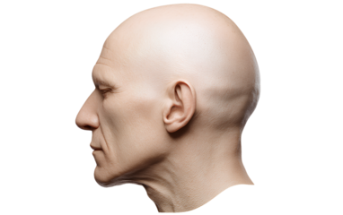Bald man's head profile photo with transparent background, no hair, white skin.