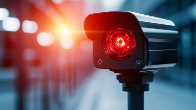 Close-up anti-drone jammer control box with blinking lights, industrial factory background blurred