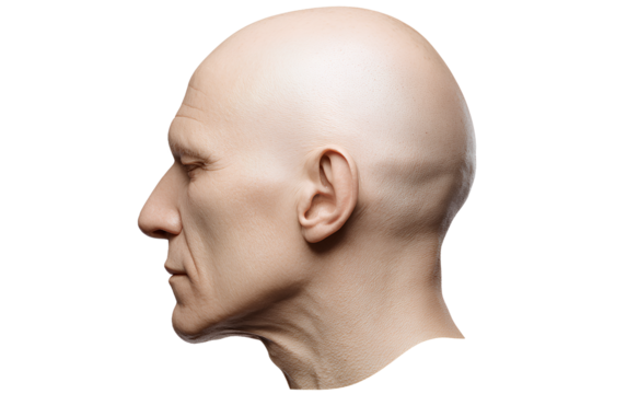 Bald man's head profile photo with transparent background, no hair, white skin.