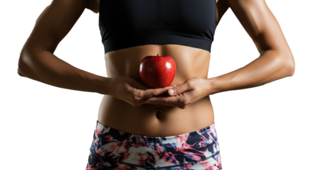 woman holding healthy apple infront of her fitness belly symbolizing healthy eating, fitness, workout PNG cut out