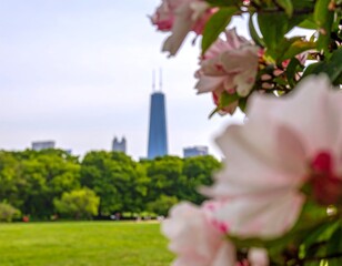 Cityscape framed by spring blossoms