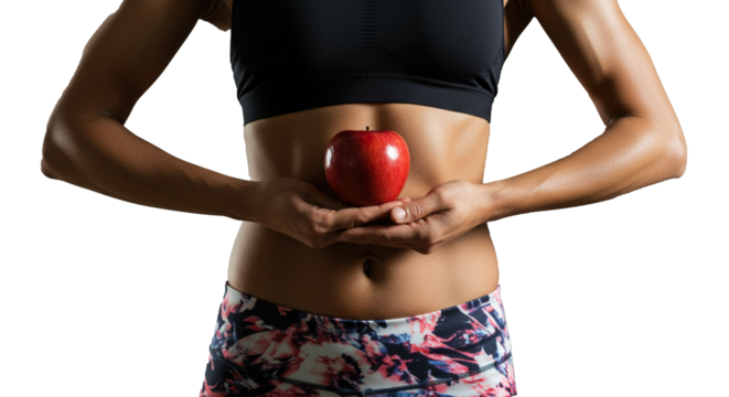 woman holding healthy apple infront of her fitness belly symbolizing healthy eating, fitness, workout PNG cut out