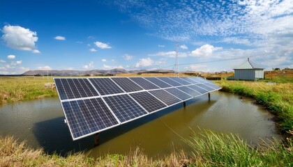 a solar panel powers a water source in an open field surrounded by greenery and distant structures under a blue sky with fluffy clouds