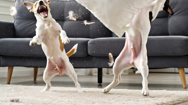 two playful dogs at home in the living room, pillow, feathers flying
