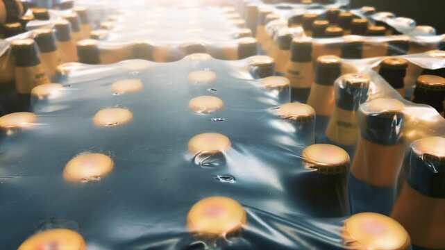 Close-Up Industrial View: Beer Bottles Storage in Plastic Wrap Packaging | Wholesale Distribution Warehouse with Golden Cap Details | Commercial Beverage Industry Supply Chain