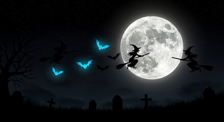 Cemetery Graveyard Scene Witches Bats Full Moon Night Sky