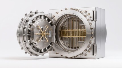 High Security Metal Safe Vault Door Opened Showing Internal Mechanisms Detailed 3D Render Studio Shot Grey Silver Steel Box Protection Finance
