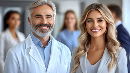 Fototapeta premium A diverse group of smiling businesspeople and medical professionals stands together, looking at the camera