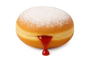 Delicious jelly donut dripping with red jam on transparent background