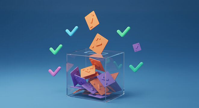 Casting Votes into a Ballot Box with Flying Checkmarks 3D Render