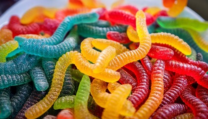 colorful gummy candy jelly worms in close up gummy candy worms colorful sweet close up gelatin treat snack tasty