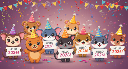 Fototapeta premium Cute Cartoon Animals Celebrating New Year 2026 Party Illustration