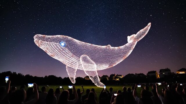 A crowd of people watch a spectacular and magical drone light show featuring a giant holographic whale floating in the air against a starry night sky