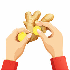 Hands Holding Fresh Ginger Root and Gold Coins