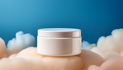 white cosmetic jar on soft clouds with gradient blue and beige background minimal skincare product concept