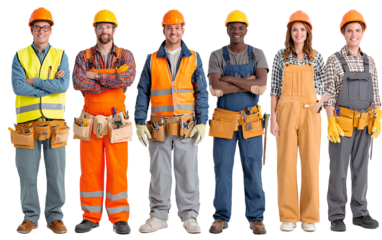 Five male construction workers, standing in different poses and dressed in orange safety and grey pants, against a transparent background