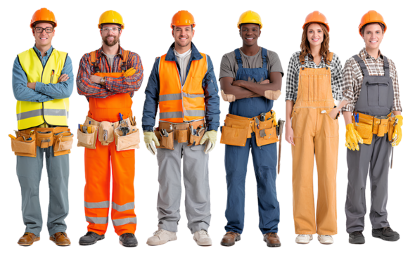  Five male construction workers, standing in different poses and dressed in orange safety and grey pants, against a transparent background - Powered by Adobe