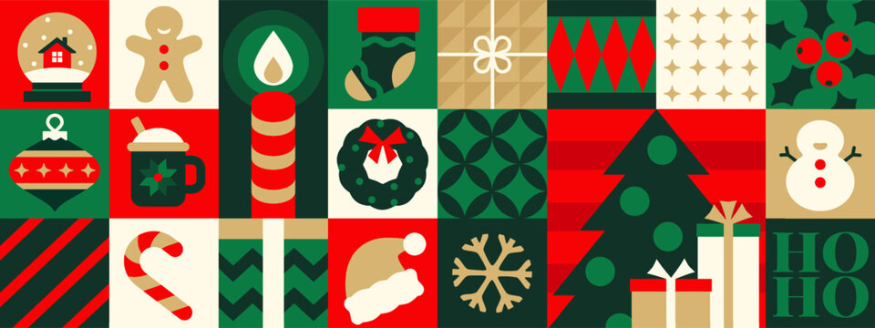 Merry Christmas geometric banner. Abstract minimalistic background with Christmas tree, snowman, gift and candy and holly. Design for holiday and New Year celebration. Flat vector illustration