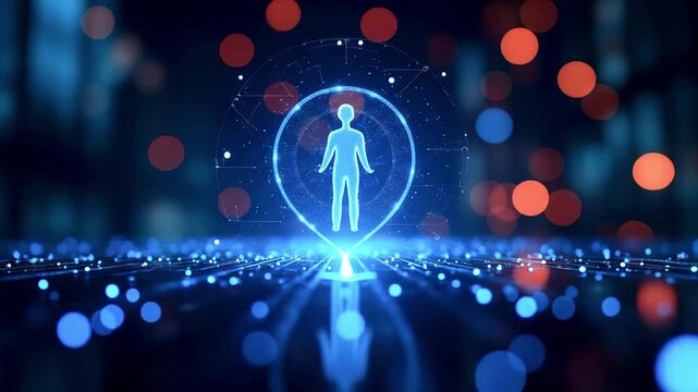 Futuristic digital representation of a human figure in a glowing location pin surrounded by vibrant lights