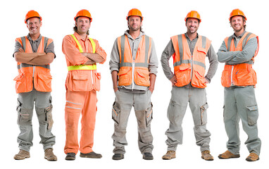 Five male construction workers, standing in different poses and dressed in orange safety and grey pants, against a transparent background 
