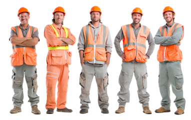 Five male construction workers, standing in different poses and dressed in orange safety and grey pants, against a transparent background